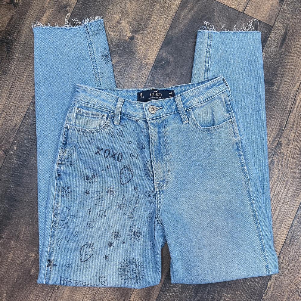 Hollister Light Blue Straight Leg Jeans with Graphic Designs